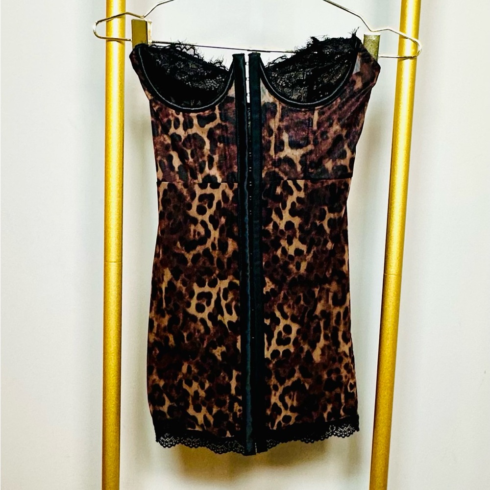 Dolls Kill Current Mood Leopard Print Corset Mini Dress with Lace Trim, XS